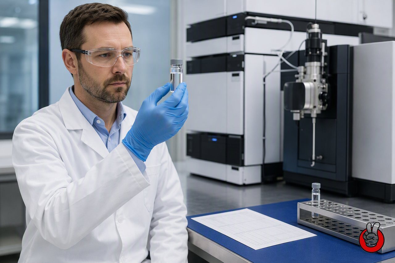An analyst re-running a disputed e-liquid sample on a second instrument to confirm whether an initial detection was genuine.