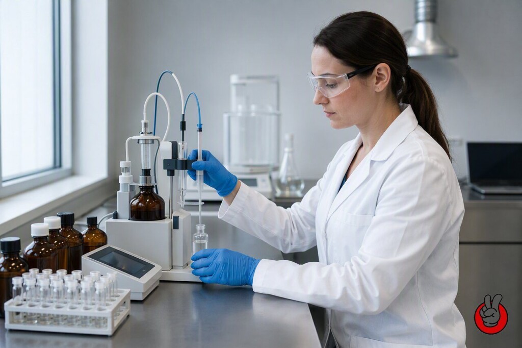 A technician verifies nicotine strength, PG/VG ratio and batch identity in an e-liquid quality control laboratory before release.