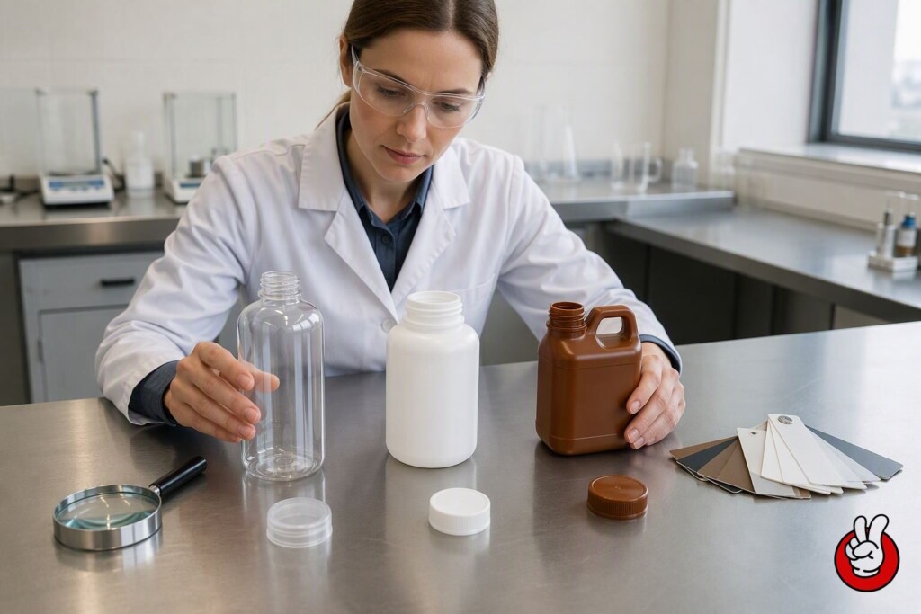 A packaging engineer reviews bottle, closure, and label material samples to assess recyclability before a specification is approved.