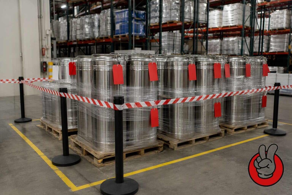 Pallets of flavor concentrate are tagged and segregated in a controlled quarantine area immediately after a suspected contamination is identified.