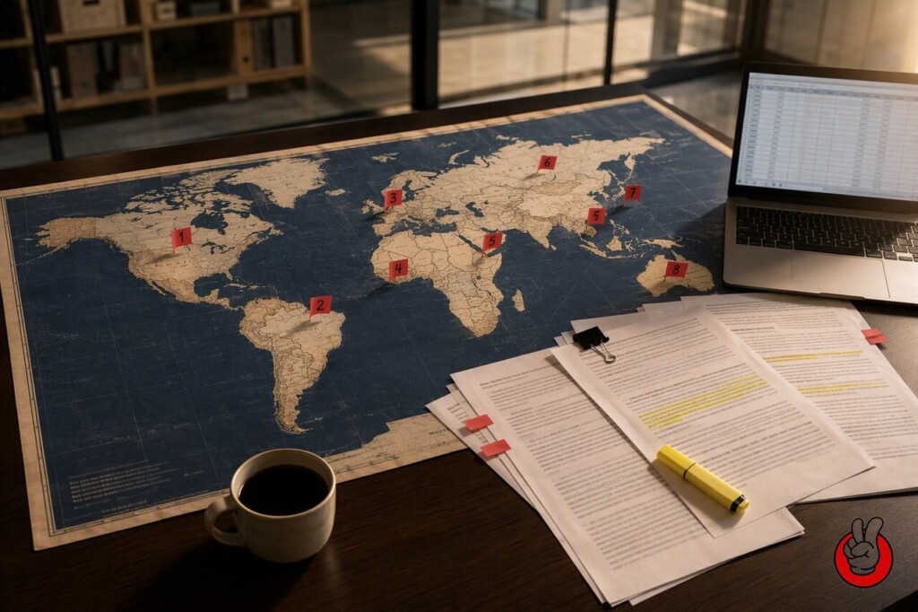 A regulatory planning desk where flavor houses track country-by-country vapor legislation and predict the next restriction wave.