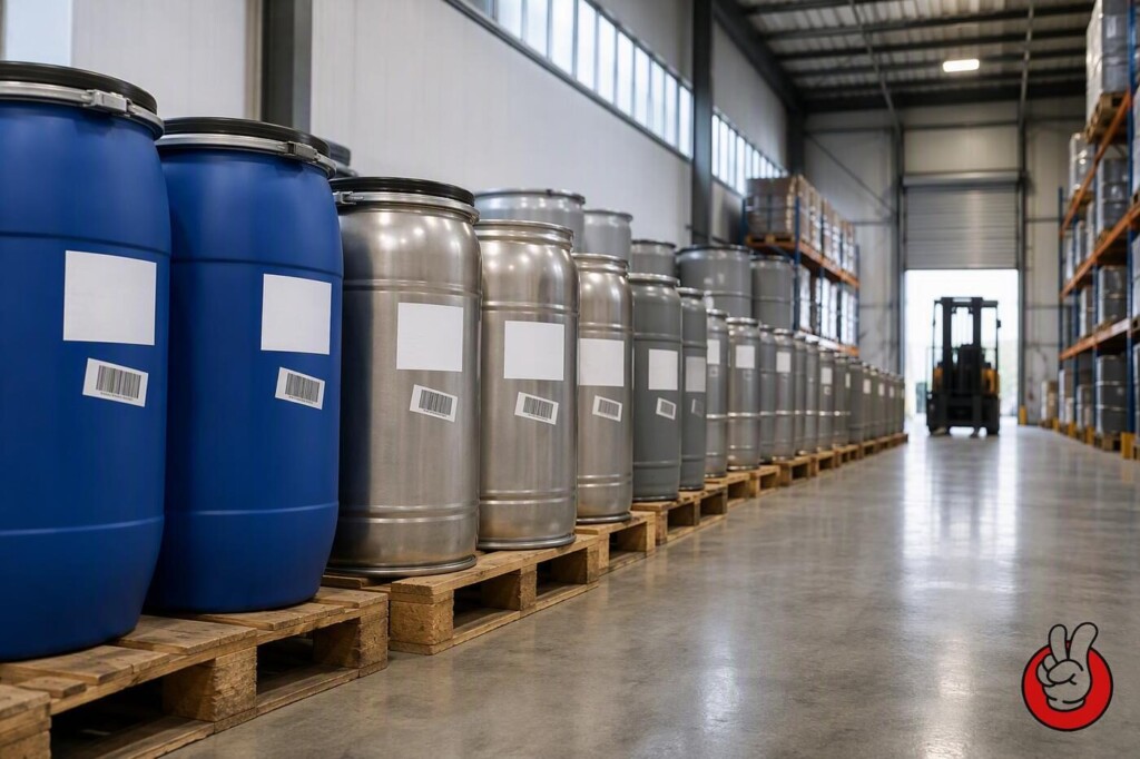 Rows of sealed flavour concentrate drums on pallets in an export warehouse, each carrying shipping labels and barcodes before container loading.