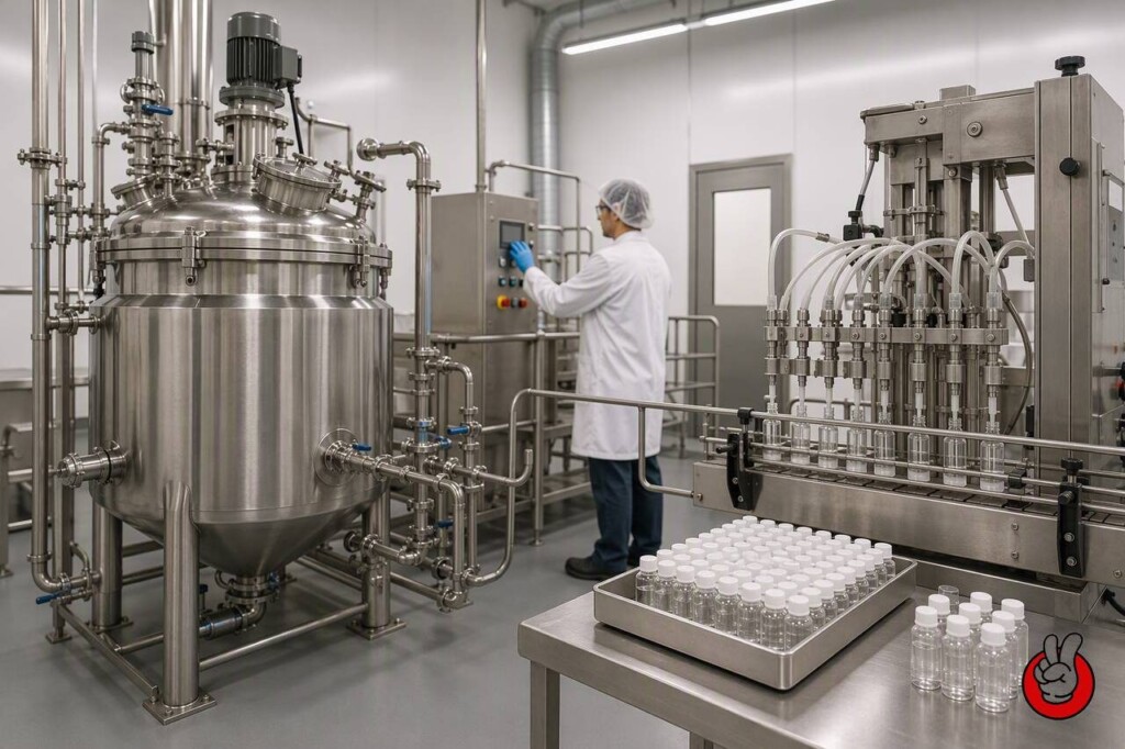 A closed-loop mixing and automated filling line that limits operator exposure to concentrated nicotine during e-liquid production.