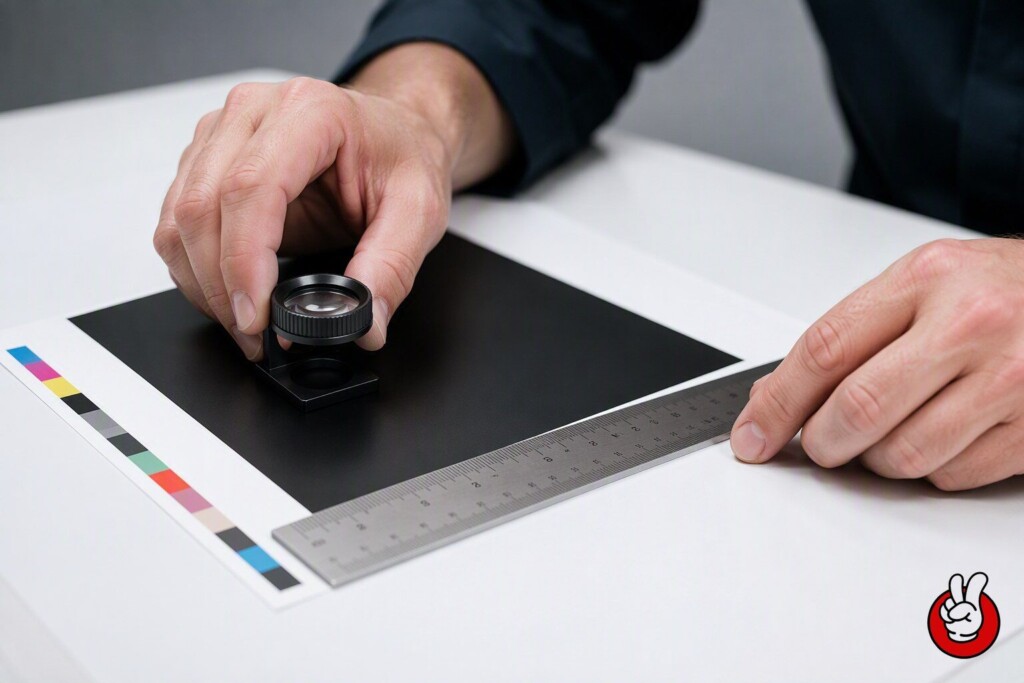 A printed label proof is measured with a ruler to confirm the warning block meets the minimum 30 percent panel-area threshold.