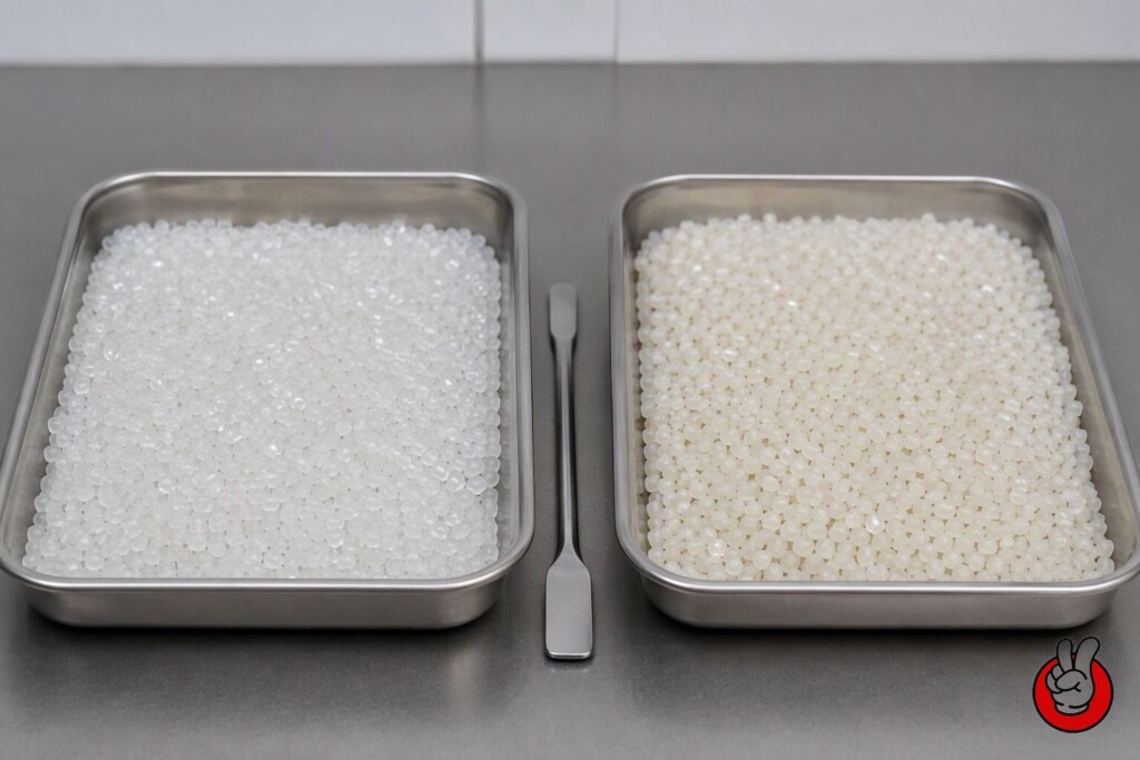 Virgin and post-consumer HDPE samples are compared for colour, clarity, and consistency before a recycled content specification is approved.
