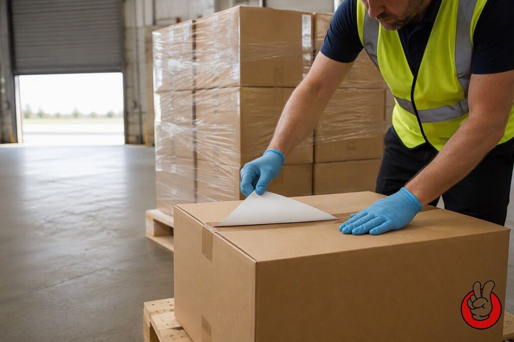 An inspector in gloves and a high visibility vest checks the tamper evident tape and packing list of a sealed export carton on a pallet.