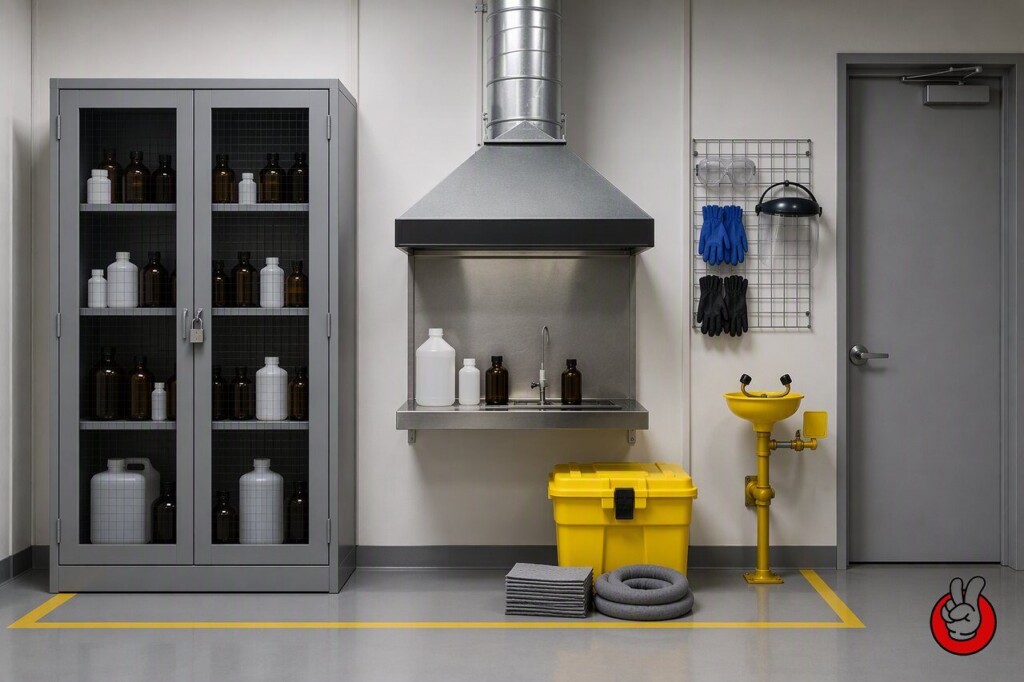 Dedicated labelled nicotine storage with local exhaust ventilation, eyewash stations and spill-response equipment on an e-liquid factory floor.
