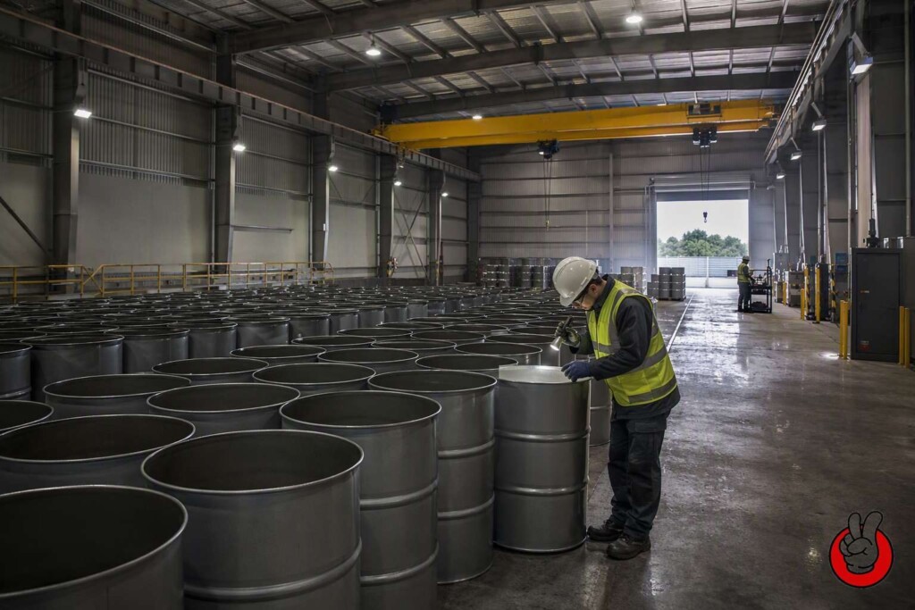 A reconditioned UN-rated steel drum is inspected and re-certified before returning to bulk flavor concentrate service.