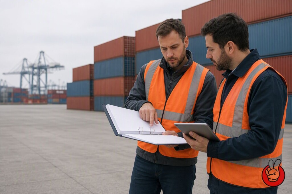 Two logistics professionals in high visibility vests reviewing export paperwork beside stacked containers at a port terminal before release.