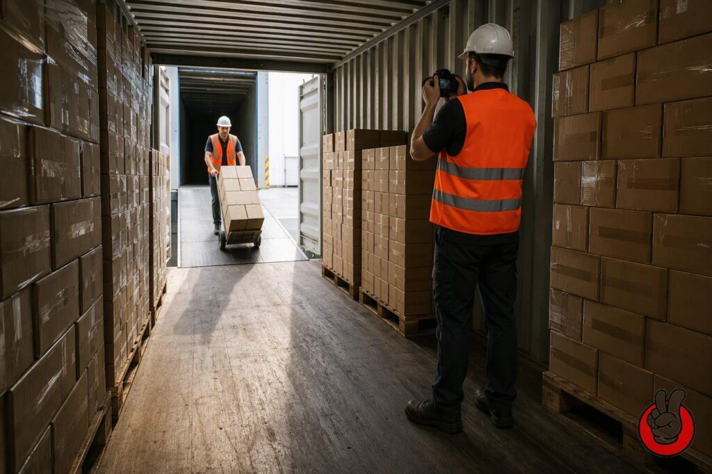 An inspector photographs a stacked carton load inside a shipping container while a colleague wheels cartons up the dock ramp during loading supervision.