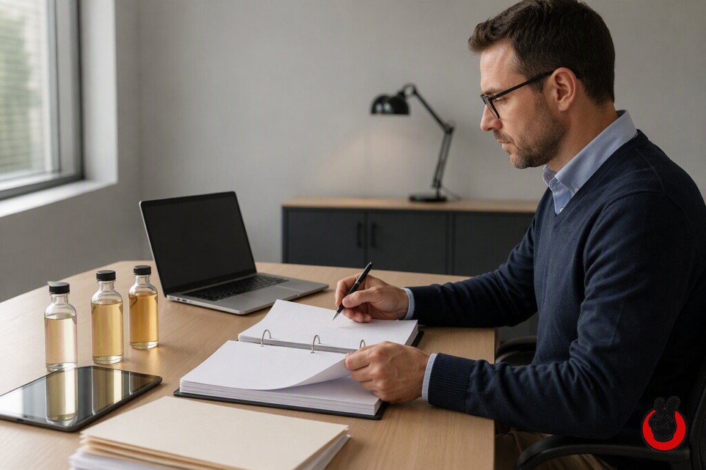 A compliance manager reviews safety data sheets, batch records and recall procedures alongside sample e-liquid bottles during an insurance audit.